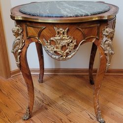 French Antique Louis XVI Mahogany Wood Table Green Marble Top Bronze Ormolu Trim