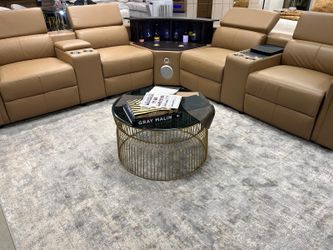 Modern power reclining Sectional w/Lifting wine cabinet+ Fridge + LED lights+ Bluetooth speaker & more