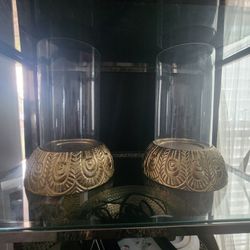 2 Gold/Brass Peacock Hurricane Candle Holders  Opalhouse