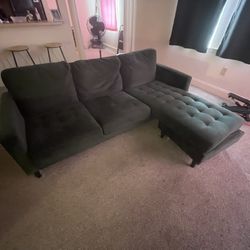 Green Velvet Sectional Sofa with Ottoman