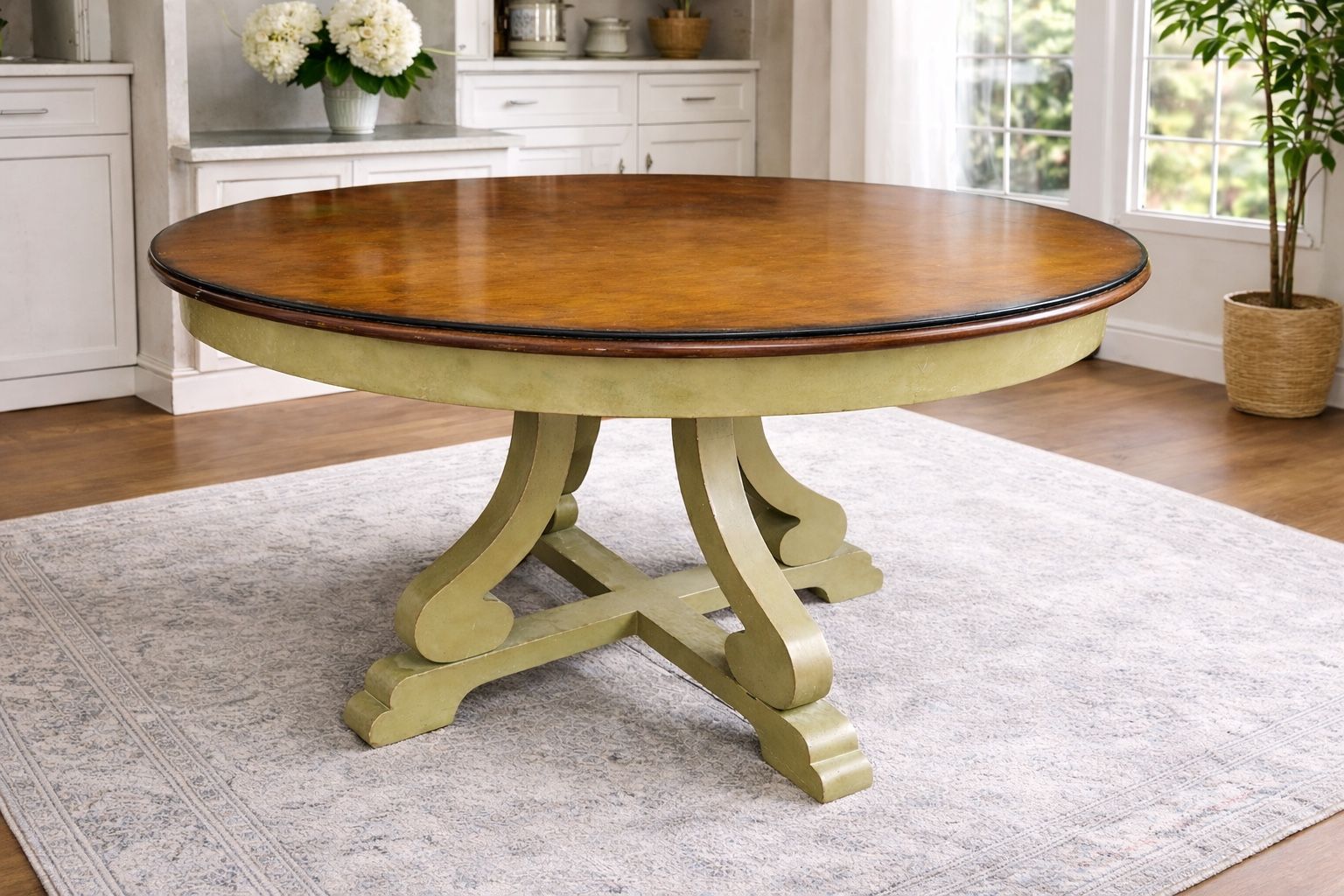 Round Solid Wood Dining Table w/ Glass Top – Pedestal Base, Seats 4