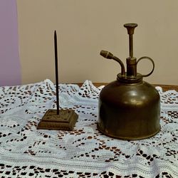 BRNZ# 8 Antique Spike Table Counter Receipt Holder & Vintage Brass Oil Can Pump