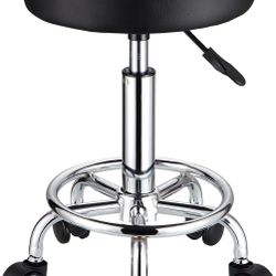 Round Rolling Stools PU Leather Seat Height Adjustable Swivel Stool with Wheels Black