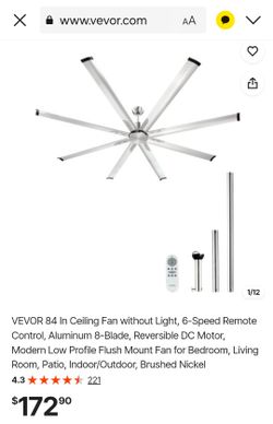 VEVOR 84 In Ceiling Fan without Light, 6-Speed Remote Control, Aluminum 8-Blade, Reversible DC Motor, Modern Low Profile Flush Mount Fan for Bedroom, 