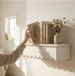 Rustic White Washed, Wall Mount Wood Shelf for Wall, Scalloped Shelf NEW