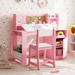 Reasea Kids Study Desk and Chair Set with Tiltable Desktop, Hutch & Storage - Wooden Writing Table for Ages 5-12, Pink