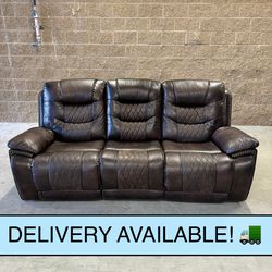 Brown Leather Manual Reclining Couch Sofa w/Fold Down Center Seat (DELIVERY AVAILABLE! 🚛)