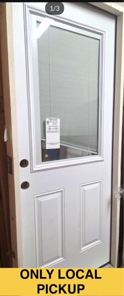 🌒 Masonite 32 in. x 80 in. Premium Half Lite Mini Blind Ultra-Pure White Right-Hand Inswing Primed Steel Prehung Front Door #8567