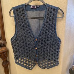 Vintage AJ Women Blue Boho Denim Woven Crochet Wooden Button Vest Size Medium