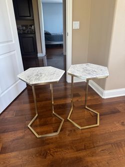 Set of 2 Marble Top Hexagonal Side Tables