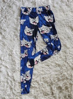 Cats Space Gallaxy Womens Leggings pants Elastic Waist tabby kitty meow blue medium? laying flat unstretched 13", stretched 17" length 34" spandex I w