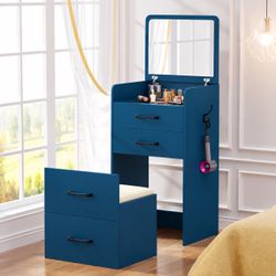 3 in 1 Vanity Desk with Flip Top Mirror,Glass Desktop,3 Drawers, blue  Small Compact Vanity with Cushioned Stool,Makeup Vanity Set with Side Hooks,Dre