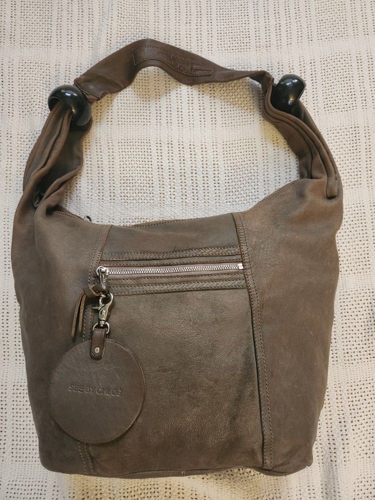 SEE BY CHLOE taupe Leather Shoulder Bag with Charm Soft Lambskin,Spacious Design