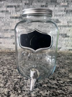 Cold Beverage Dispenser 7.5 Liter Glass Jar w/Lid, Spigot, & Chalkboard - Rustic