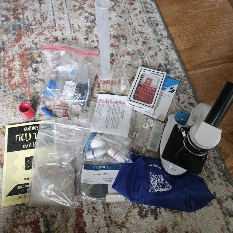 Homeschool Science Supplies Microscope, Slides, Geology Mineral Test Kit, Magnets, etc.