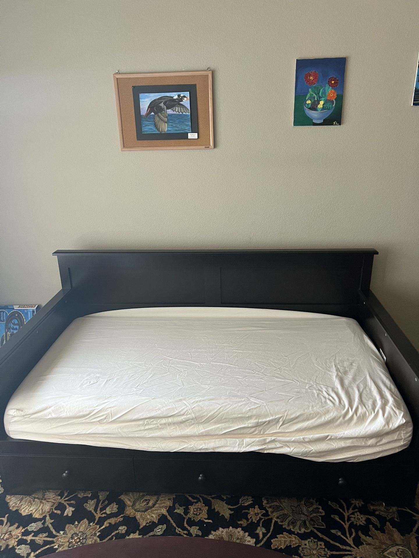 Dark Wood Daybed Frame with Memory Foam Mattress & Storage Drawers