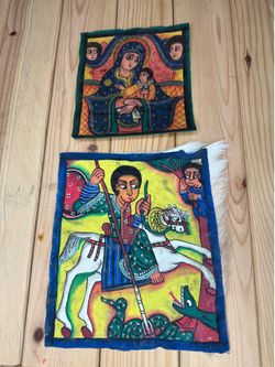 2 Vintage Ethiopian Hand Painted Goat Skin Icons St George & Madonna Art