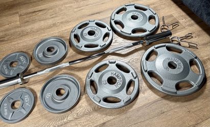 Olympic Beautiful Hampton Set & Brand NEW Curl Bar W/ Cooper Bearings: Pairs Of 35s, 25s, 10s, 5s and 2.5s ( Total: 175 lbs)