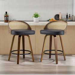 26" Swivel Rattan Bar Stools Set of 2,Mid-Century Modern Black Faux Leather Upholstered Counter Height Stools,Kitchen Island Barstool with Rattan Low 