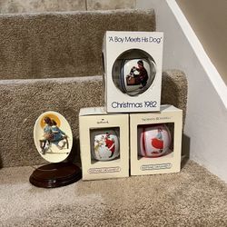 Norman Rockwell Christmas ornament lot of 4 boy with dog 1982 evening post