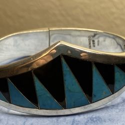 Sterling Silver 925 Black Onyx and Turquoise,  bracelet, Taxco TD-55, Mexico, 7 1/2” inside circumference measurement. 