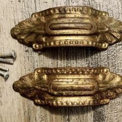 Vintage Set Of 2 Mid Century MCM Modern Brass Drop Bail Pull Handles Knobs With Screws DIY Project