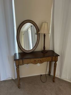 Hand-Painted Wooden Vanity Table with Mirror and Lamp