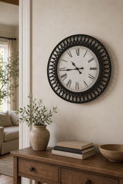 Large Decorative Wall Clock, Roman Numerals, Dark Brown Frame