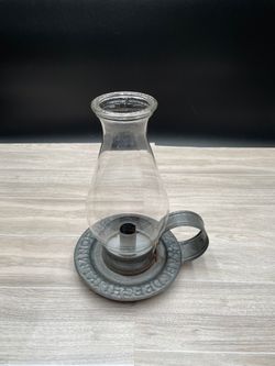 Vintage Tin and glass candleholder with alphabet imprint 