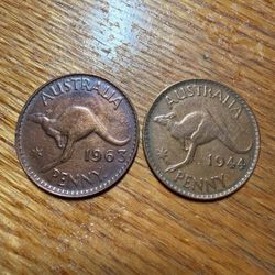 1944, 1963 Australia One 1 Penny Lot 2 Coins Kangaroo WWII KM 36