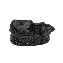 Mens Eagle Premium Leather Black Stones Belt