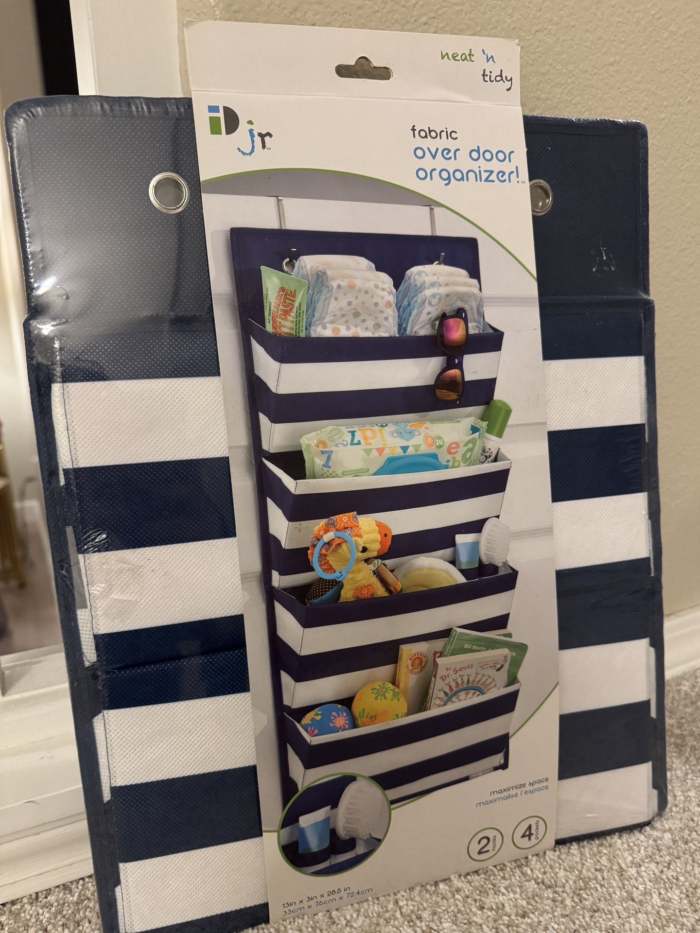InterDesign ID Jr. Navy and White Striped Over Door Organizer - NEW IN PACKAGING