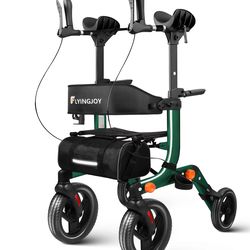 Lightweight Upright Rollator Walker All-Terrain Foldable With Seat And Adjustable Height Backrest, 300 Lbs Capacity, 10" Front & 8" Rear Wheels For Se