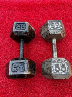 Pair of 55 lb Cast Iron Hex Dumbbells – 110 lbs Total