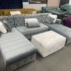 New Grey Velvet Living Room Sectional- Delivery And Financing Available 