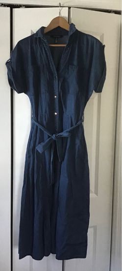 ELLEN TRACY~Size Small Chambray Short Sleeve Button Front Collared Shirt Dress~Tie Waist~Blue Denim  EXCELLENT CONDITION