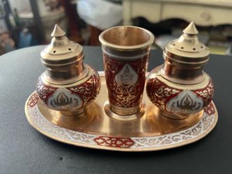 Vintage Mid-Century Thai/Siam Brass & Enamel 4-Piece Condiment Set - Salt & Pepper Shakers, Toothpick Holder & Matching Tray - Red/White Traditional T