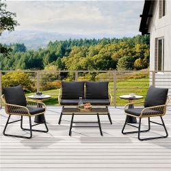 Set of 4 Patio Furniture Conversation Set with Cushions & Pillows for Balcony, Garden, Black