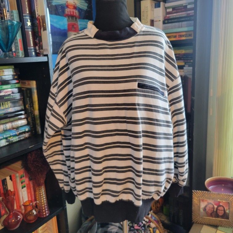 Vintage 1980s Ladies Crewneck Sweatshirt Zipper Pocket B&W Stripes Sz 22W