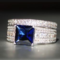 *CLOSE OUT SALE* 💝 * Beautiful 2 PC Sapphire Blue Engagement Wedding Rings Sizes 6 1/2 and 7 *See My Other 800 Items*