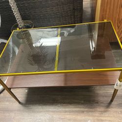 New Modern Glass Coffee Table with Storage, Gold Metal Frame & Wood Shelf, Rectangular Tempered Glass Top Center Table for Living Room, Apartment, Off