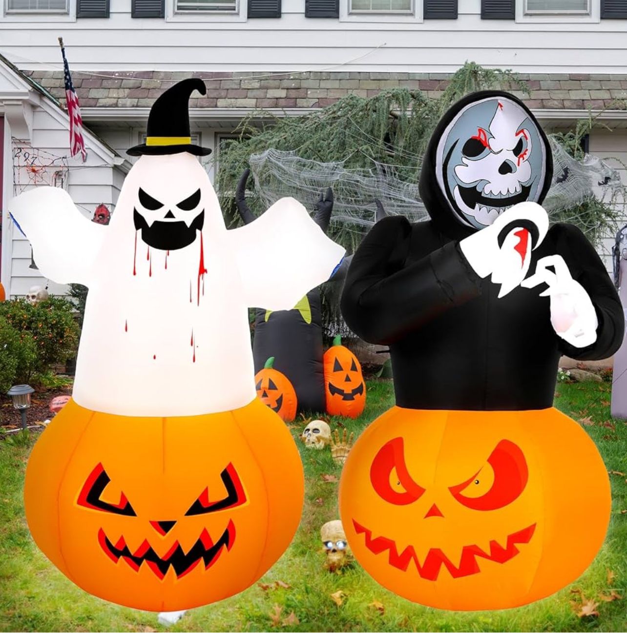 2 Pcs 5 FT Halloween Inflatables Decorations Ghost Pumpkin Skeleton Halloween Blow Ups with Build-in LED Lights for Holiday Indoor Outdoor Yard Garde