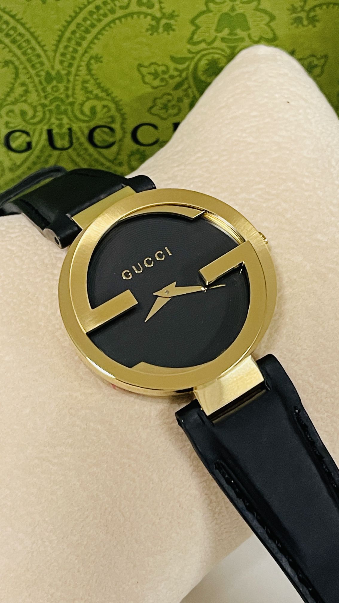 Gucci Interlocking Gold Tone Leather Band Women’s Watch