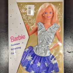 Barbie Fashion Greeting Card - Happy Holidays! Silver Metallic & Blue Dress 1995 New Vintage Mattel