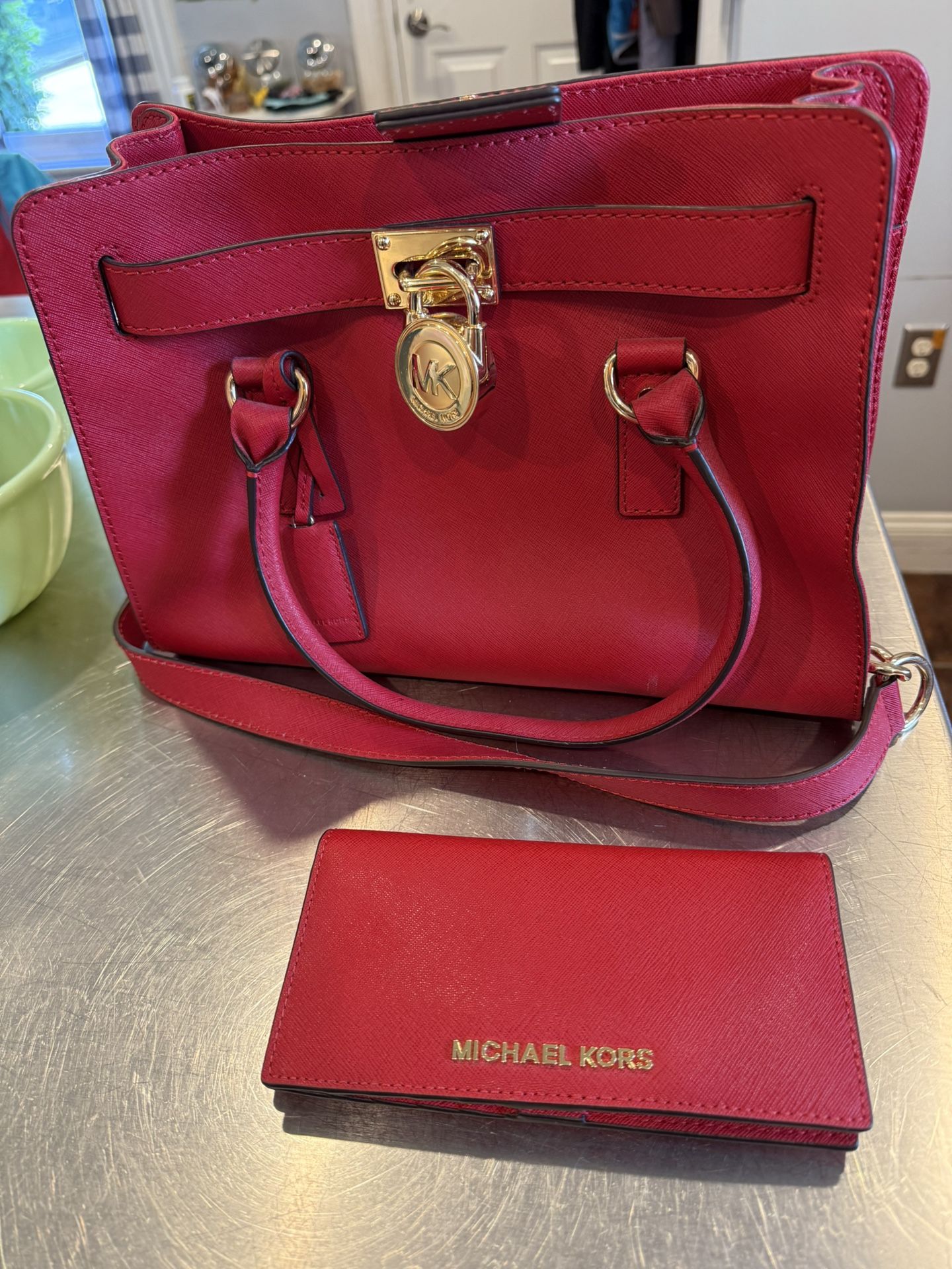 Michael Kors Jet Set Travel Leather Bag And Purse In Chili Color