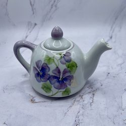 Vintage Mini Teapot Hand Painted Purple Pansies