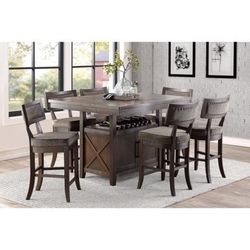 7 PIECE COUNTER HEIGHT DINING TABLE SET WINE RACK STORAGE LEAF EXTENSION COMEDOR ALTO