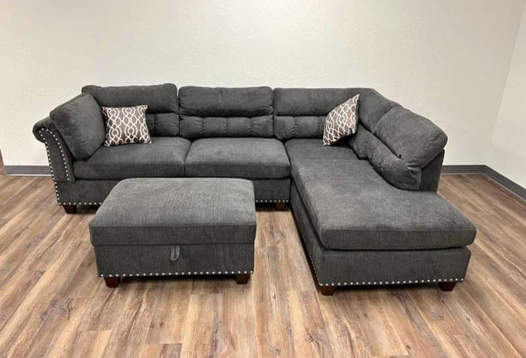 Brand New Grey Velvet Like Sectional Sofa Couch +Storage Ottoman 