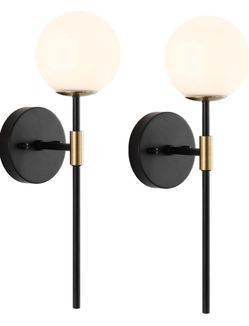 BYOLIIMA Industrial Mid Century Wall Sconce Set of 2 with White Globe Glass Shades Modern Bathroom Vanity Wall Lamp Black and Gold Finished Wall Light