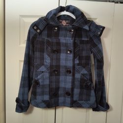 YMI Women’s Blue & Black Plaid Double Breasted Jacket Sm W/Faux Fur Hood Winter